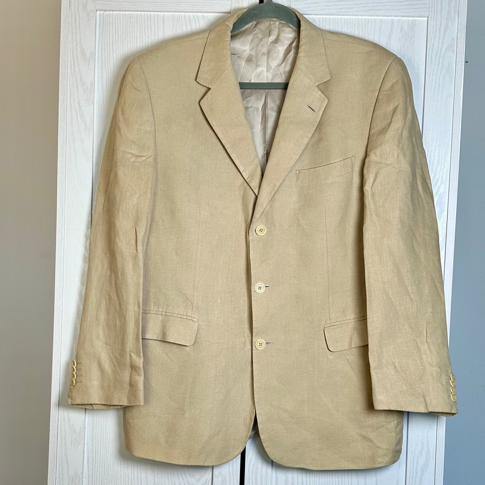 LAMBERTI Mens Linen‎ Blazer Jacket Beige Size 42R Italy Designed Limited Edition